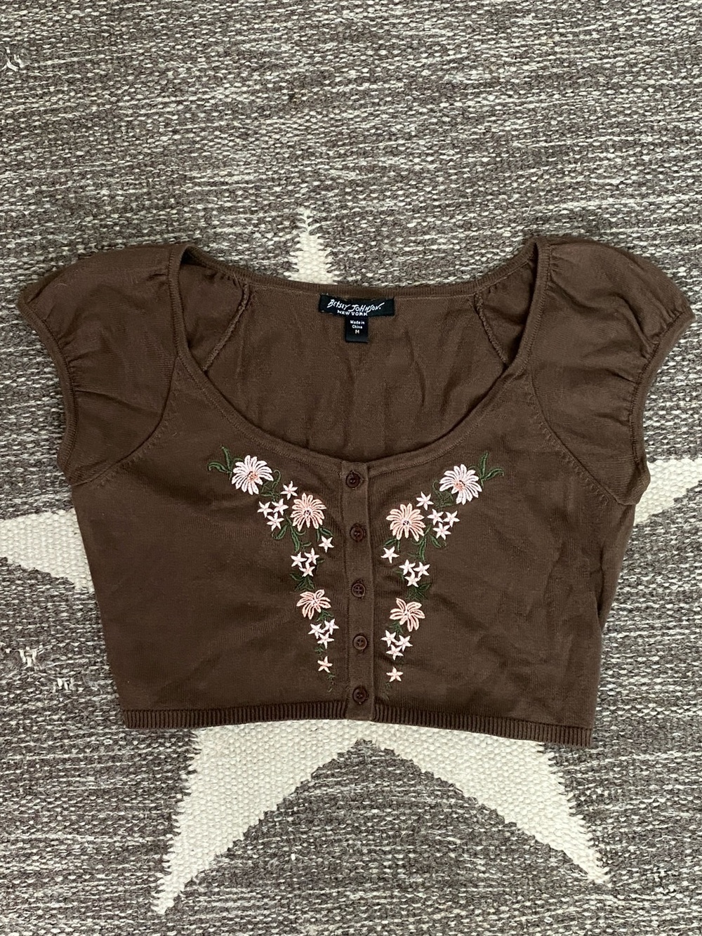 Betsey Johnson Brown Pink Embroidered Top